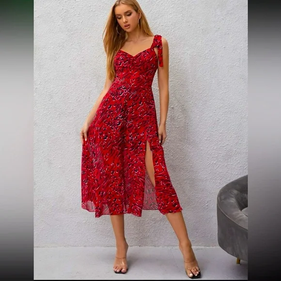 Shein Dresses | Shein Red Black Midi Summer Dress Xs | Color: Black/Red | Size: Xs | Llt0123's Closet